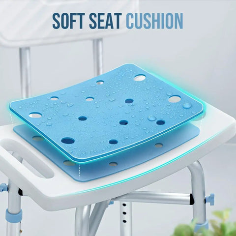 Heavy Duty Shower Chair With Back Support, 500 Lb Capacity, EVA Padded Bath Seat, close-up of blue cushion detail