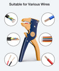 2 In 1 Quick Strip Wire Stripper And Cutter For 14 To 24 AWG Solid And Stranded Wires With Automatic Adjustment And Eagle Nose Self Adjusting Pliers 7 Inch shown with various wires