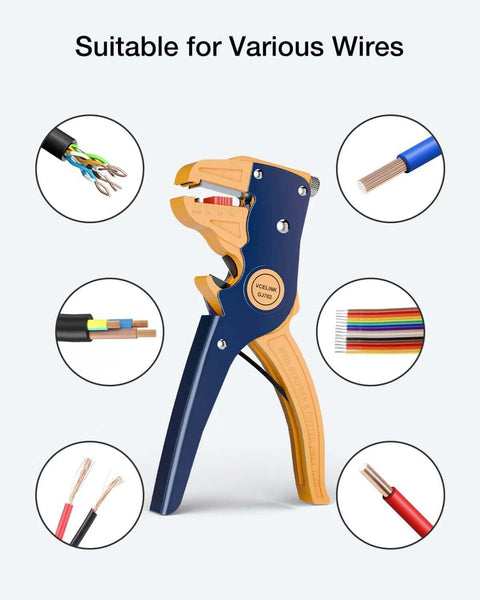 2 In 1 Quick Strip Wire Stripper And Cutter For 14 To 24 AWG Solid And Stranded Wires With Automatic Adjustment And Eagle Nose Self Adjusting Pliers 7 Inch shown with various wires