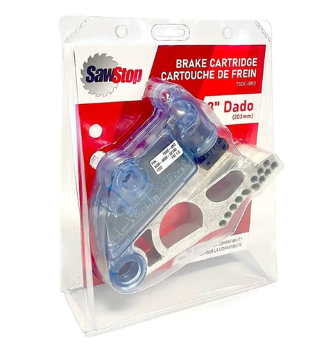 Legit Table Saw Brake Cartridge For 8 Inch Dado Sets, clear and metal design, packaged for safety and easy installation.