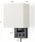 Set Of 2 Black Plug In Wall Sconces With USB Charging Ports And AC Outlet Wall Mounted Bedside Lamps For Bedroom Or Living Room Easy Install Includes 2 Bulbs Dope Modern Home Decor, side view showing dimensions and features.