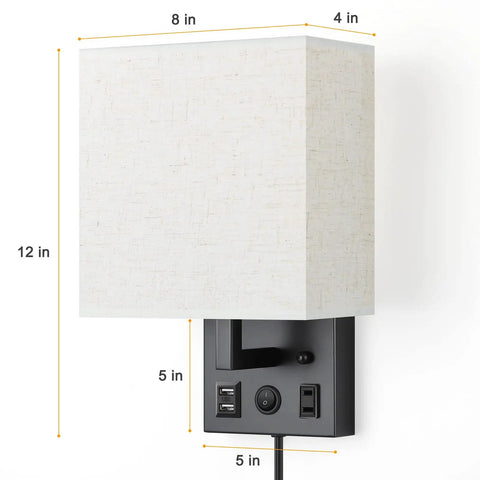 Set Of 2 Black Plug In Wall Sconces With USB Charging Ports And AC Outlet Wall Mounted Bedside Lamps For Bedroom Or Living Room Easy Install Includes 2 Bulbs Dope Modern Home Decor, side view showing dimensions and features.