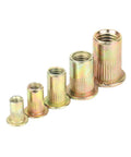 Durable Flat Head Threaded Insert Nuts Pack M3 To M12 With Rust Resistant Zinc Plated Carbon Steel, various sizes.