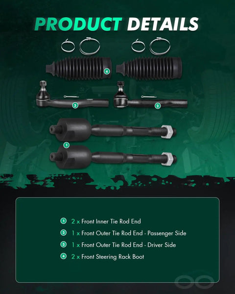 Six Piece Front Suspension Kit With Inner And Outer Tie Rod Ends And Steering Boots Fits 2004 2008 Toyota Lexus