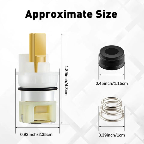 Two Handle Faucet Stem Replacement Kit With Cartridge RP4993 Seat And Spring, showing size dimensions of components