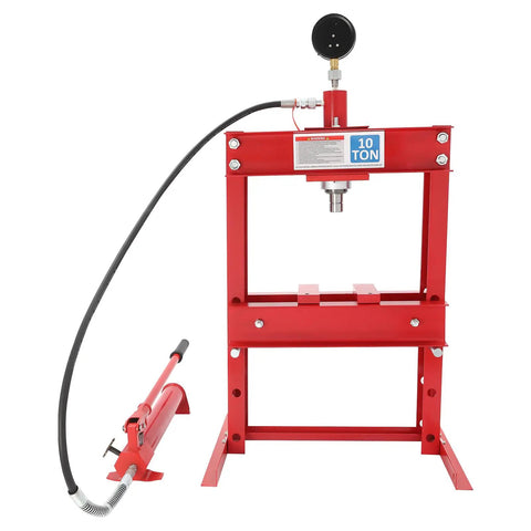10-Ton Hydraulic Press For Metalworking And Automotive Repair, showing red H-frame, gauge, and hydraulic pump