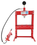 Shop Beast 10 Ton Hydraulic Shop Press Heavy Duty Adjustable H Frame Garage Press With Long Hose For Bent Axles And Metal Tasks, red steel frame.