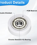 Four Pack Roller Idler Pulleys 4x18x5mm With 624ZZ Bearings For Furniture Hardware Quiet Conveyor Rolling Wheels Flat Pulleys In White Durable POM Material For Heavy Duty Low Noise And Vibration. Close-up of white POM pulley with 624ZZ bearing