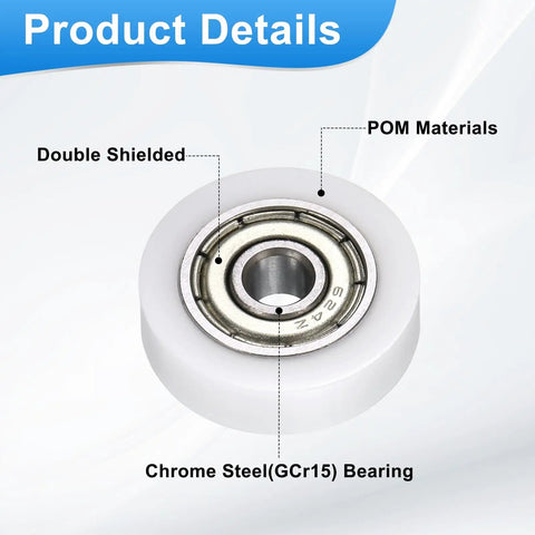 Four Pack Roller Idler Pulleys 4x18x5mm With 624ZZ Bearings For Furniture Hardware Quiet Conveyor Rolling Wheels Flat Pulleys In White Durable POM Material For Heavy Duty Low Noise And Vibration. Close-up of white POM pulley with 624ZZ bearing
