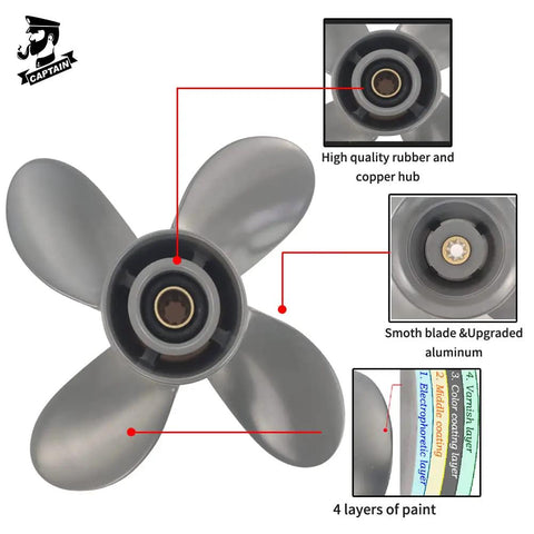 9.25 By 10 Inch Aluminum Outboard Propeller For Honda 8 9.9 15 20 HP Motors With 8 Spline Right Hand Rotation Four Blade