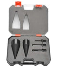 Heavy Duty Wood Splitting Drill Bit Cone Compatible With Electric Hammer 32 To 42 Mm set in a carrying case with tools.
