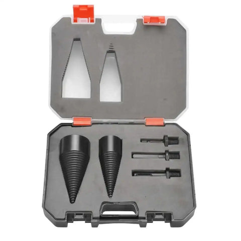 Heavy Duty Wood Splitting Drill Bit Cone Compatible With Electric Hammer 32 To 42 Mm set in a carrying case with tools.