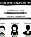 Adjustable Eyeglass Strap Set With Cleaning Cloths For Men Women And Kids, showing strap sizes for children and adults