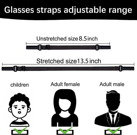 Adjustable Eyeglass Strap Set With Cleaning Cloths For Men Women And Kids, showing strap sizes for children and adults