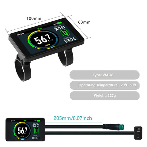 Universal Electric Bike LCD Display With Waterproof 5 Pin Connector, Handles 24V To 72V Systems, ABS Speedometer shown.