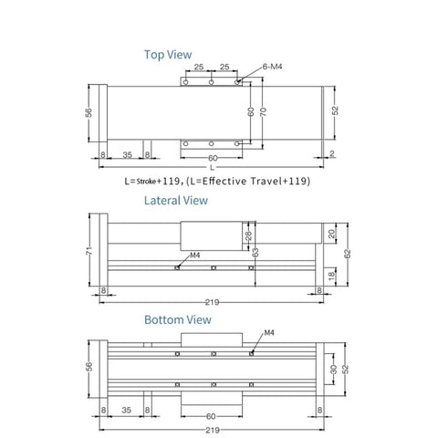 Workhorse SFU1605 1610 Ball Screw Linear Guide Module dimensions, detailed top, lateral, and bottom views for CNC integration.