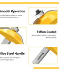 Pro Grade 3 Piece Raised Panel Cabinet Door Router Bit Set details showing smooth operation, Teflon coat, and alloy steel handle
