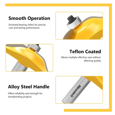 Pro Grade 3 Piece Raised Panel Cabinet Door Router Bit Set details showing smooth operation, Teflon coat, and alloy steel handle