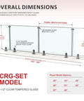 Diagram showing dimensions for Top Tier Frameless Tempered Glass Railing Kit For Outdoor Decks, 44 Inch Height.