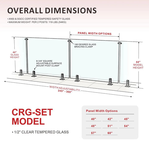 Diagram showing dimensions for Top Tier Frameless Tempered Glass Railing Kit For Outdoor Decks, 44 Inch Height.