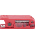 Slick Wire Stripping Machine With Hella Reliable Crimping And Smooth 360 Degree Rotation for network cables, compact red tool, side view.