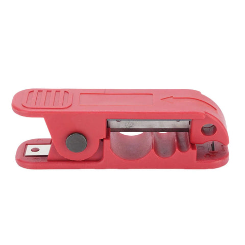 Slick Wire Stripping Machine With Hella Reliable Crimping And Smooth 360 Degree Rotation for network cables, compact red tool, side view.