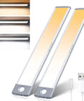 Two Pack Under Cabinet Lights With 60 LED Dimmable Motion Sensor USB Rechargeable Magnetic Mount 3 Color Modes Wireless Cabinet And Closet Lighting For Kitchen Pantry Wardrobe Hallway. Image shows two aluminum lights with 3 color modes.