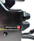 Close-up of emergency stop label on Outboard Throttle Remote Control Right Side Mount With 10 Pin Connector, side view