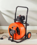 Heavy Duty Electric Sewer Auger With Auto Feed And Four Cutter Blades showing orange drum and steel core cable on a wheeled base.