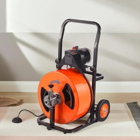 Heavy Duty Electric Sewer Auger With Auto Feed And Four Cutter Blades showing orange drum and steel core cable on a wheeled base.