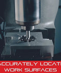 Edge Finder For Precise Edges And Center Lines In Metalworking, Fast And Easy Locating Of Flat Edges And Scribed Lines,.200 Inch Contact Diameter,.375 Inch Body Diameter, Single End With Protective Case, 827A in use on metal surface, text overlay "Accurately Locate Work Surfaces"