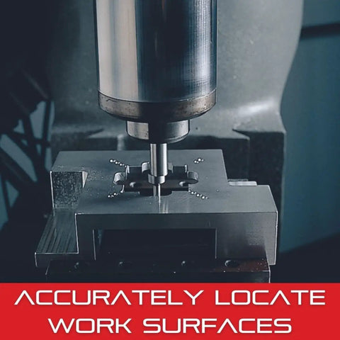 Edge Finder For Precise Edges And Center Lines In Metalworking, Fast And Easy Locating Of Flat Edges And Scribed Lines,.200 Inch Contact Diameter,.375 Inch Body Diameter, Single End With Protective Case, 827A in use on metal surface, text overlay "Accurately Locate Work Surfaces"