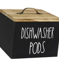 Wooden Dishwasher Pod Caddy With Secure Dustproof Lid, Rustic Farmhouse Countertop Storage Bin For Laundry Room Cleanup, Black Finish