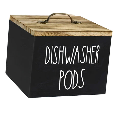 Wooden Dishwasher Pod Caddy With Secure Dustproof Lid, Rustic Farmhouse Countertop Storage Bin For Laundry Room Cleanup, Black Finish