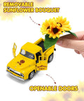 Farmhouse Sunflower Truck Decor Set Of Two That Is Perfect For Tiered Trays Mantel Or Shelf Displays Yellow Metal Diecast Pickup With Mini Sunflower Bouquet For Vintage Charm showing openable doors and removable bouquet