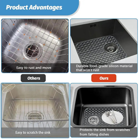 Comparison of stainless steel grid and heat resistant silicone sink mats for kitchen, showcases durability and sink protection.