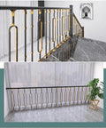 Top Shelf Aluminum Staircase Balusters And Spindles, Slick Oval Railing Posts With Rotatable Gold Brackets, heavy duty design in black and gold featured indoors.