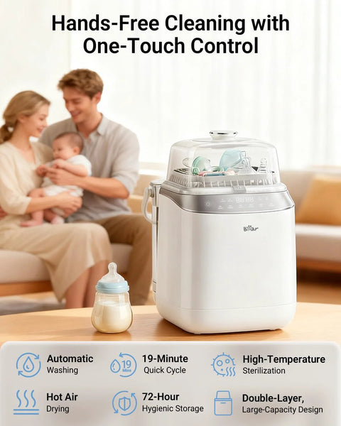 Bear Bottle Washer Pro countertop baby bottle sterilizer and dryer, white with transparent lid