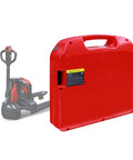 Top Rated 24V 20Ah Lithium Battery For Electric Forklifts Compatible With Heli And Jialift Pallet Trucks, red battery case next to a pallet truck.