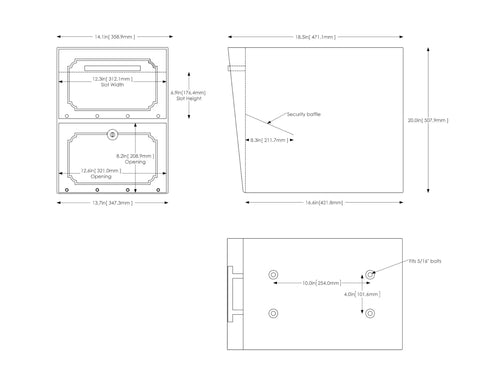 Technical drawing of Heavy Duty Outdoor Package Drop Box With Locking Door In Black XL Steel, dimensions and mounting details.