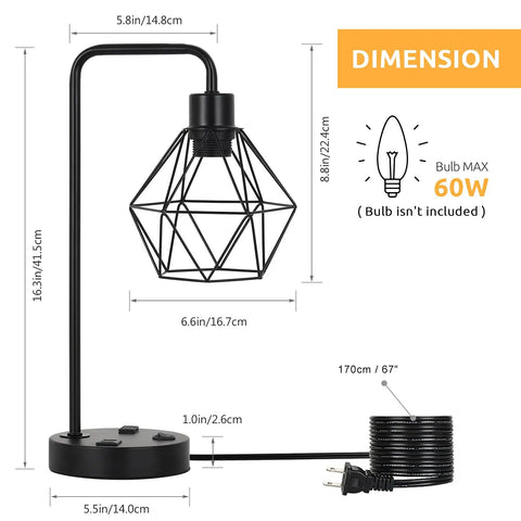 Industrial Dual USB Desk Lamps Set of 2 with Edison Style Bulbs, black metal cage showing dimensions and AC outlet.