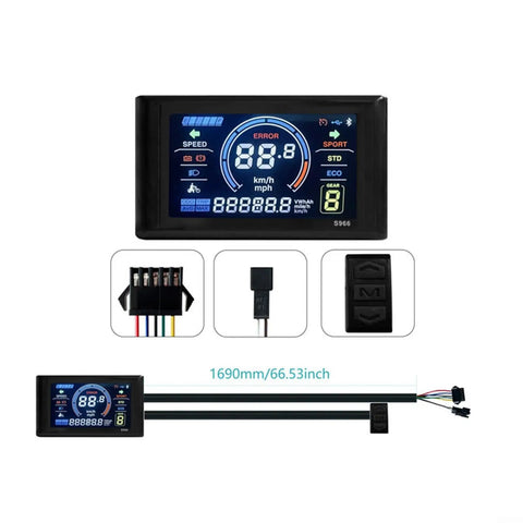 Top Tier S966 Color LCD Display For 24-72V E Bikes With Real Time Speed Power And Temp Monitoring To Upgrade Your Ride Game Today, black ABS panel with 1690mm cable and buttons