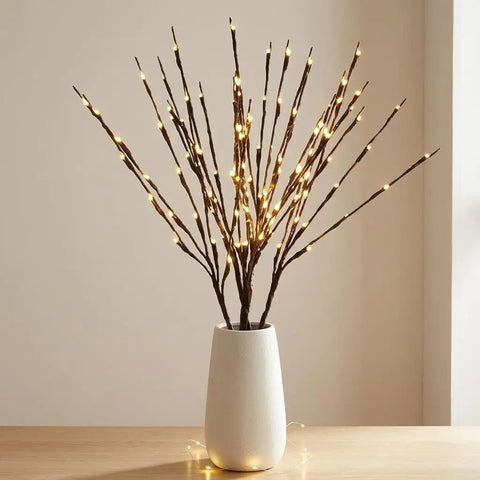 Two Pack Battery Operated LED Willow Branch Lights For Vase Decor, 30 Inch Lighted Brown Twig Branches with Warm White LEDs in Vase