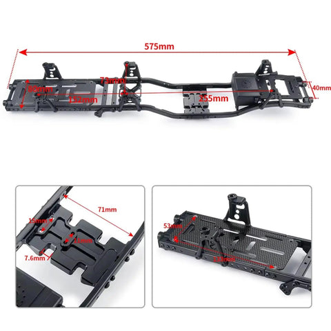 Axial RC Car Chassis Frame Upgrade For SCX10 90046 90047 90027 90028 One Tenth Scale Rock Crawler with size dimensions.