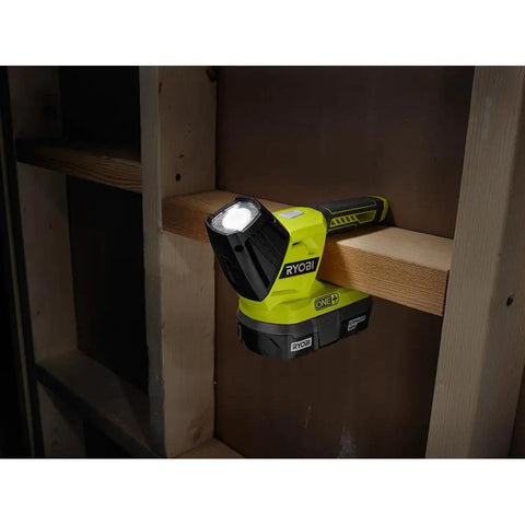 18V LED Flashlight With 130 Lumen Output, Battery Not Included, mounted on wooden beam, ideal for worksite lighting