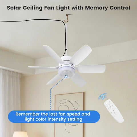 Solar Rechargeable Ceiling Fan Light With Battery Backup 20.5 Inch for indoor use shown with remote control