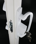 White sliding patio door handle set keyed lock with five screw sizes, fits 3-15/16 inch mortise locks, right or left handed use