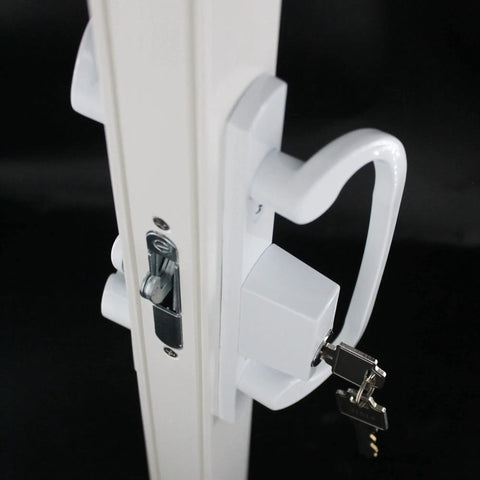 White sliding patio door handle set keyed lock with five screw sizes, fits 3-15/16 inch mortise locks, right or left handed use