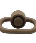 Badass Two Pack Heavy Duty Push Button QD Sling Swivels In Tan Built From Military Grade Steel With A One Point Two Five Inch Loop For Rock Solid Quick Release Gun Gear, close-up view of tan swivel.