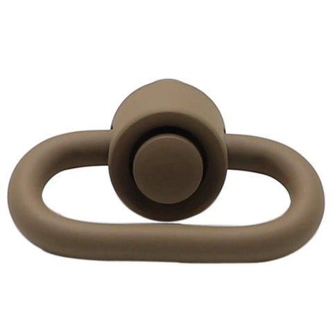 Badass Two Pack Heavy Duty Push Button QD Sling Swivels In Tan Built From Military Grade Steel With A One Point Two Five Inch Loop For Rock Solid Quick Release Gun Gear, close-up view of tan swivel.
